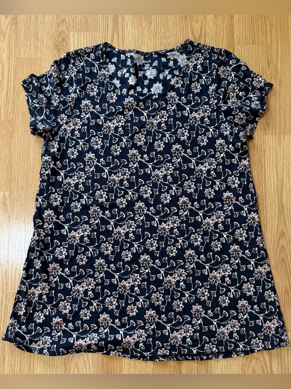 Pure Jill Pima Cotton Floral Scoop Neck Tee Women Small Black Beige Short Sleeve